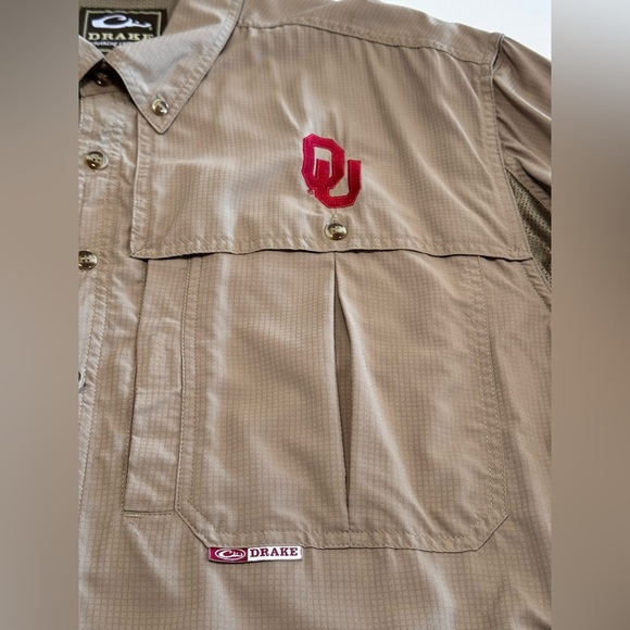 Drake Clothing Company Mens Vented Short Sleeve Oklahoma OU Shirt Size Large Tan - Picture 3 of 9